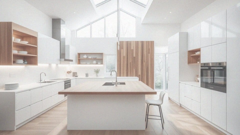 Jakie rozwiązania architektoniczne stosować w białej kuchni z drewnem?